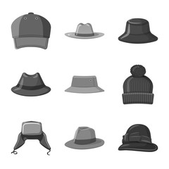 Isolated object of headgear and cap icon. Collection of headgear and accessory stock vector illustration.