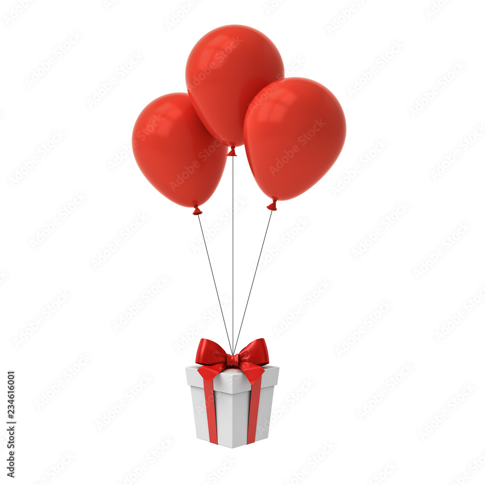 Poster bunch of red glossy balloons tied to gift box or present box with red ribbon and bow isolated over w