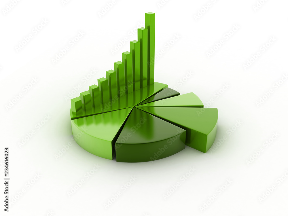 Poster 3d rendered pie chart graph with up arrow isolated on white background