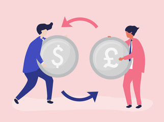 Characters of two businessmen exchanging currency illustration