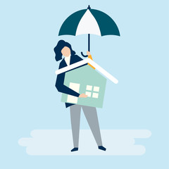 Character of a woman and residential insurance concept illustration