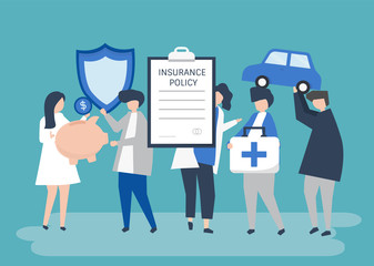 Characters of people holding insurance icons illustration