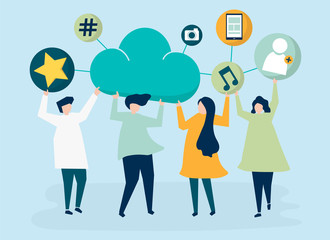 People holding cloud and social networking icons illustration