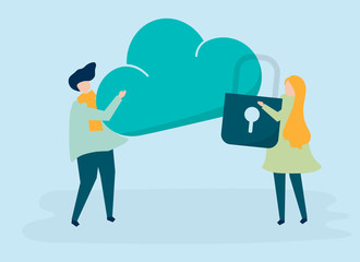 Characters of a couple and a cloud security illustration