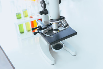 Picture of microscope with metal lens for research and medical equipment.in laboratory