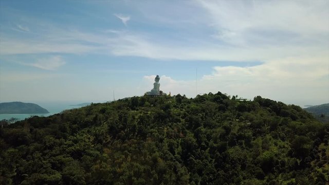 sunny day phuket island famous big buddha monument aerial panorama 4k thailand
