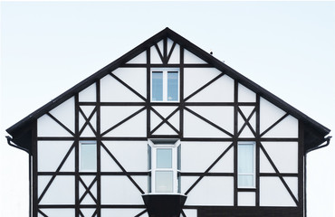 Cottage house in graphic stile. Front view on white sky background