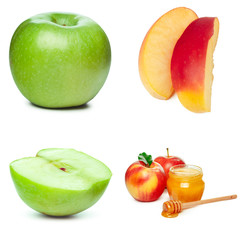 Collage of photos for Jewish New Year Holiday Rosh Hashana isolated on white background