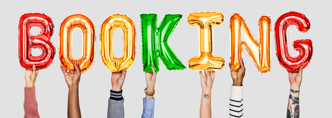 Hands showing booking balloons word