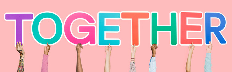 Hands holding the word together