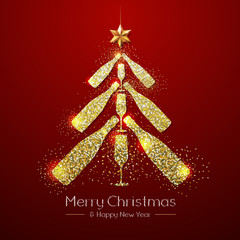 Christmas poster with golden champagne glass and bottle. Golden Christmas tree on red background