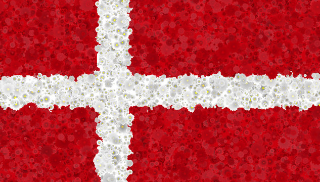 Illustration of a Danish flag with a blossom pattern