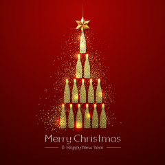 Christmas poster with golden champagne bottle. Golden Christmas tree on red background
