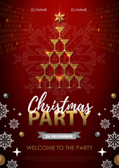Naklejka premium Christmas party poster with golden champagne glass. Golden Christmas tree on red background
