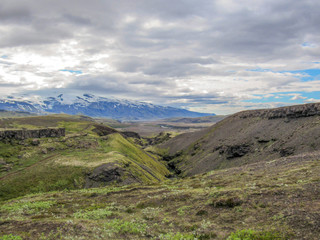 Dramatic icelandic terrain with volcanoes, canyons, glacial rivers, highland deserts and poor...