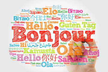 Bonjour (Hello Greeting in French) word cloud in different languages of the world with marker,...