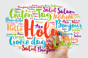 Hola! (Hello Greeting in Spanish) word cloud in different languages of the world with marker, background concept © dizain