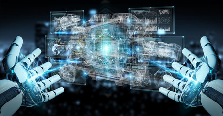 Cyborg using wireframe holographic 3D digital projection of an engine