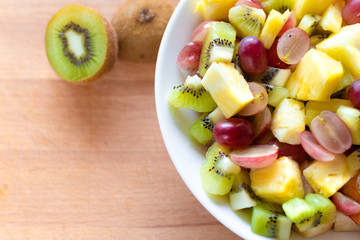 Closeup of fresh and delicious fruit salad bowl