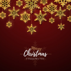 Naklejka na ściany i meble Christmas poster with golden snowflakes. Christmas greeting card
