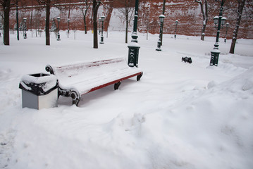 Empty wooden benches under snow