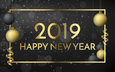 2019 happy new year black matte banner with gold frame, black and gold christmas balls. Premium holiday vector illustration, eps10
