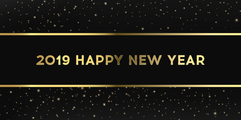 2019 happy new year, a beautiful black gold ribbon on background with stars