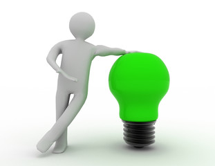 Businessman leaning on light bulb . 3d rendered illustration