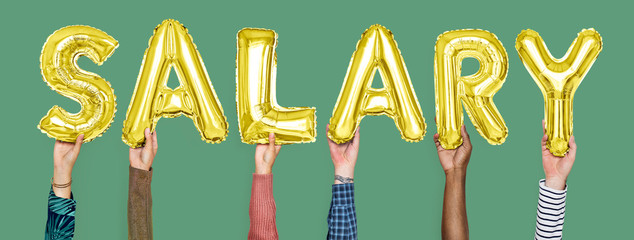 Hands holding salary word in balloon letters