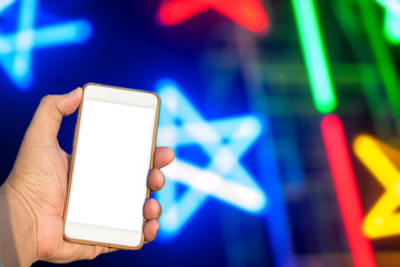 The hand holding the phone tha separated from white background technology.