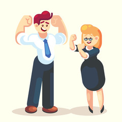 Obraz premium Strong happy businessman and businesswoman office worker team character vector flat design We can do it