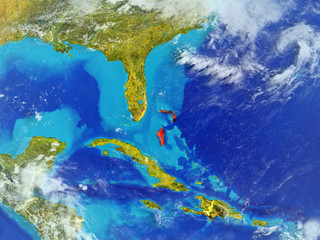 Fototapeta na wymiar Bahamas from space on model of planet Earth with country borders. Extremely fine detail of planet surface and clouds.