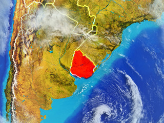 Uruguay from space on model of planet Earth with country borders. Extremely fine detail of planet surface and clouds.