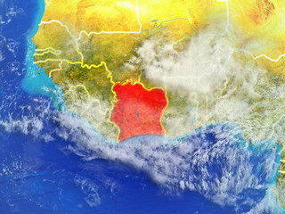 Ivory Coast from space on model of planet Earth with country borders. Extremely fine detail of planet surface and clouds.