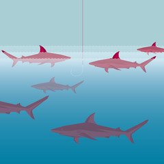 Sharks in the ocean, a hook hanging from above.