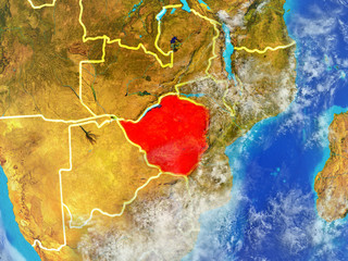 Zimbabwe from space on model of planet Earth with country borders. Extremely fine detail of planet surface and clouds.