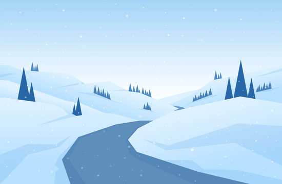 Winter snowy flat cartoon mountains landscape with road, hills and pines. Christmas background.