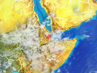 Djibouti from space on model of planet Earth with country borders. Extremely fine detail of planet surface and clouds.