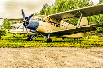 Old vintage retro aircraft, the Museum aircraft. Photo with tinted
