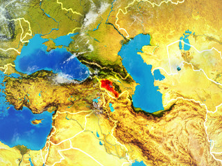 Armenia from space on model of planet Earth with country borders. Extremely fine detail of planet surface and clouds.