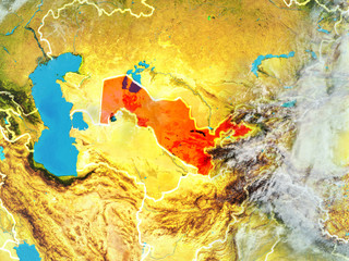 Uzbekistan from space on model of planet Earth with country borders. Extremely fine detail of planet surface and clouds.