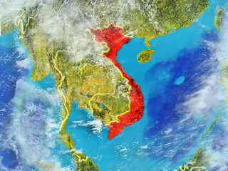 Vietnam from space on model of planet Earth with country borders. Extremely fine detail of planet surface and clouds.
