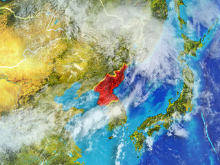 Naklejka premium North Korea from space on model of planet Earth with country borders. Extremely fine detail of planet surface and clouds.