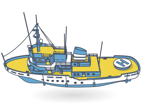 Research ship, marine exploration boat for scientists. Outlined rescue vessel with sonar, blue yellow motorboat for discovering of water. Vector illustration, isolated on white background