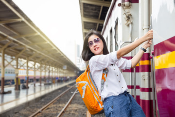 woman traveler on train