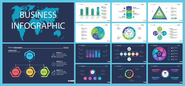 Business infographic design set can be used for workflow layout, presentation, annual report, web design. Marketing concept. Line chart, bar graph, comparison diagram, donut chart, process chart