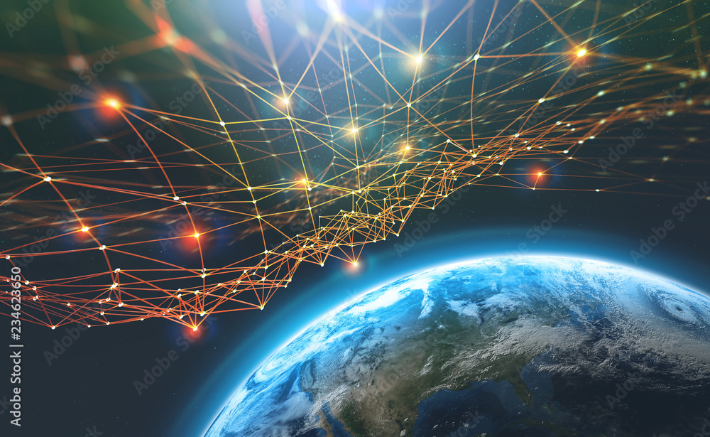 Poster Block chain network and Planet Earth. Artificial intelligence. Global decentralized database. Future world 3D illustration. Elements of this image are furnished by NASA