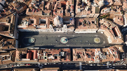 Aerial drone view of iconic landmark Piazza Navona Square featuring Fountain of the Four Rivers...