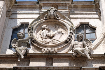 Saint Matthew the Evangelist, statue on facade of the Mantua Cathedral dedicated to Saint Peter,...