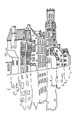 Fototapeta premium Vector sketch of Traditional architecture in the town of Bruges (Brugge), Belgium